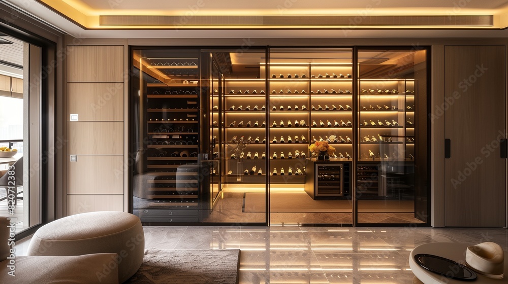 A drawing room with a built-in, temperature-controlled wine cellar visible through glass panels A drawing room with a built-in, temperature-controlled wine cellar visible through glass panels