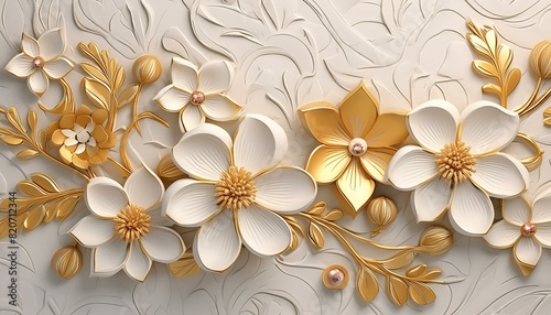 Light decorative texture of a plaster wall with voluminous decorative flowers and golden elements.