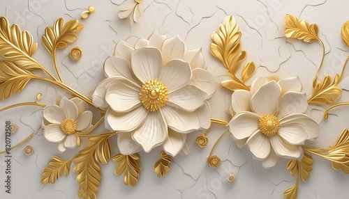 Light decorative texture of a plaster wall with voluminous decorative flowers and golden elements.