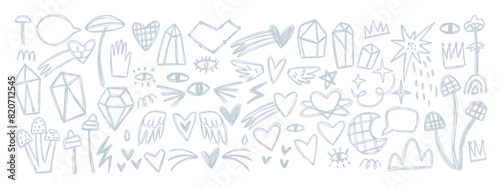 Set with magic elements in doodle style. Crystals, eyes, hearts. Hand drawn vector illustration.