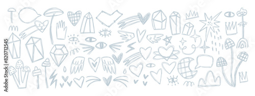 Set with magic elements in doodle style. Crystals  eyes  hearts. Hand drawn vector illustration.