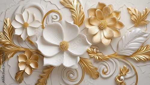 Light decorative texture of a plaster wall with voluminous decorative flowers and golden elements.