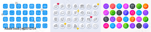 Like, Messenger and Electricity line icons. Square, Gradient, Pin 3d buttons. AI, QA and map pin icons. Pack of Difficult stress, Search package, Cholecalciferol icon. Vector