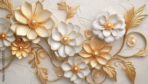 Light decorative texture of a plaster wall with voluminous decorative flowers and golden elements.