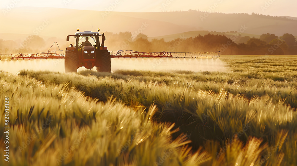 Naklejka premium Watering crops from a tractor