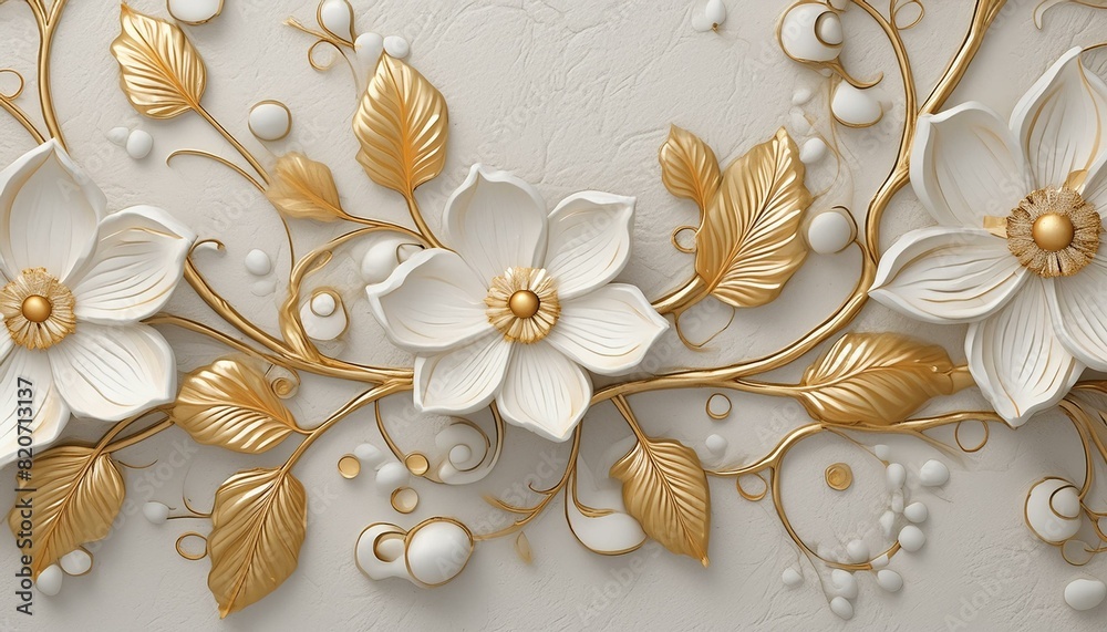 Light decorative texture of a plaster wall with voluminous decorative flowers and golden elements. Light decorative texture of a plaster wall with voluminous decorative flowers and golden elements.