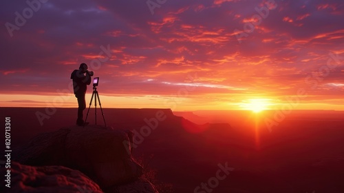 Professional adventure photographer taking a photo of sunset with twilight sky at mountain. Silhouette of photographer working and looking at camera and taking photo at sunrise. View point. AIG42.