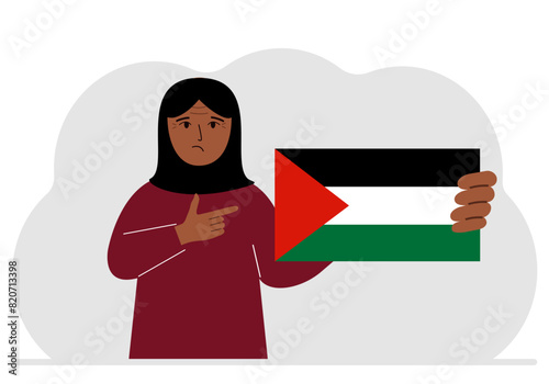 A woman holds a Palestinian flag in his hand. Vector