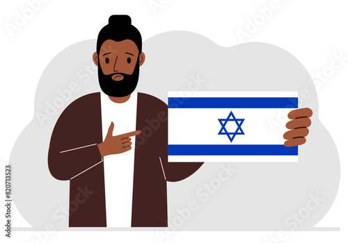 A Jewish man holds an Israeli flag. Vector