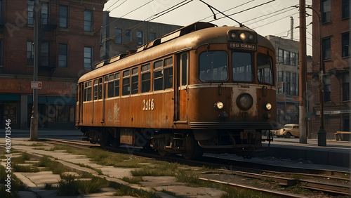 A classic, vintage tram car rests on tracks along an old street, showcasing historical urban transportation