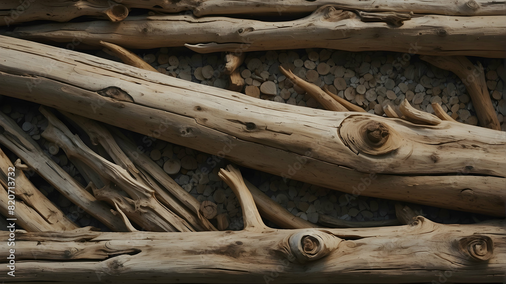 A detailed close-up view of smooth driftwood piled atop small pebbles A detailed close-up view of smooth driftwood piled atop small pebbles