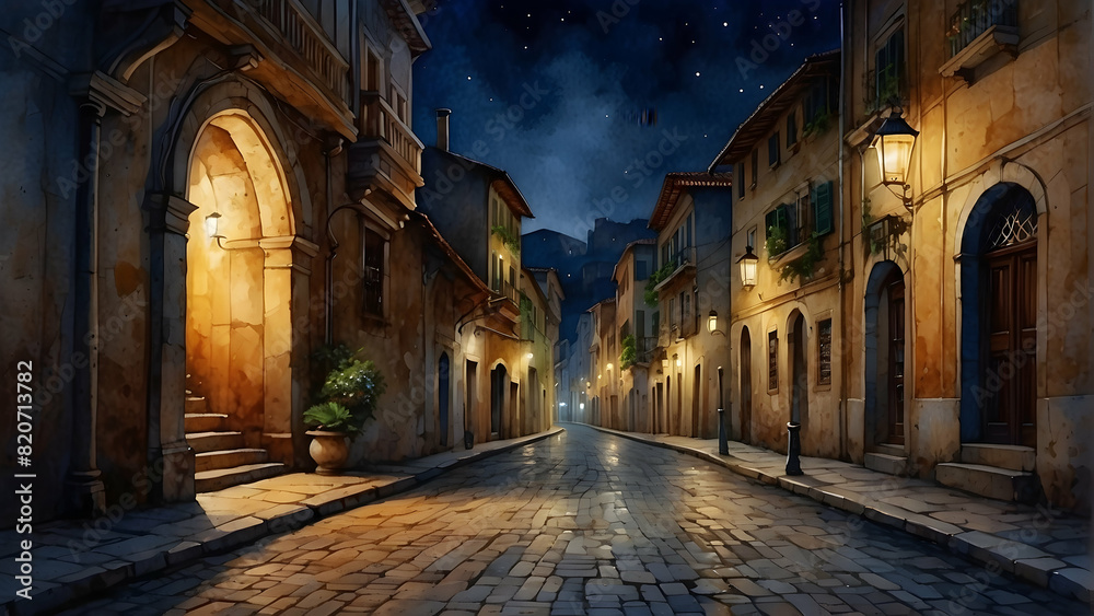 An illustration of a quiet, cobblestone street in a vintage European town at night, with warm lights shining from windows An illustration of a quiet, cobblestone street in a vintage European town at night, with warm lights shining from windows
