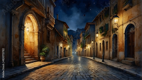 An illustration of a quiet, cobblestone street in a vintage European town at night, with warm lights shining from windows