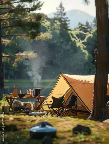 Serene camping setup in a lush forest with mountains in the background