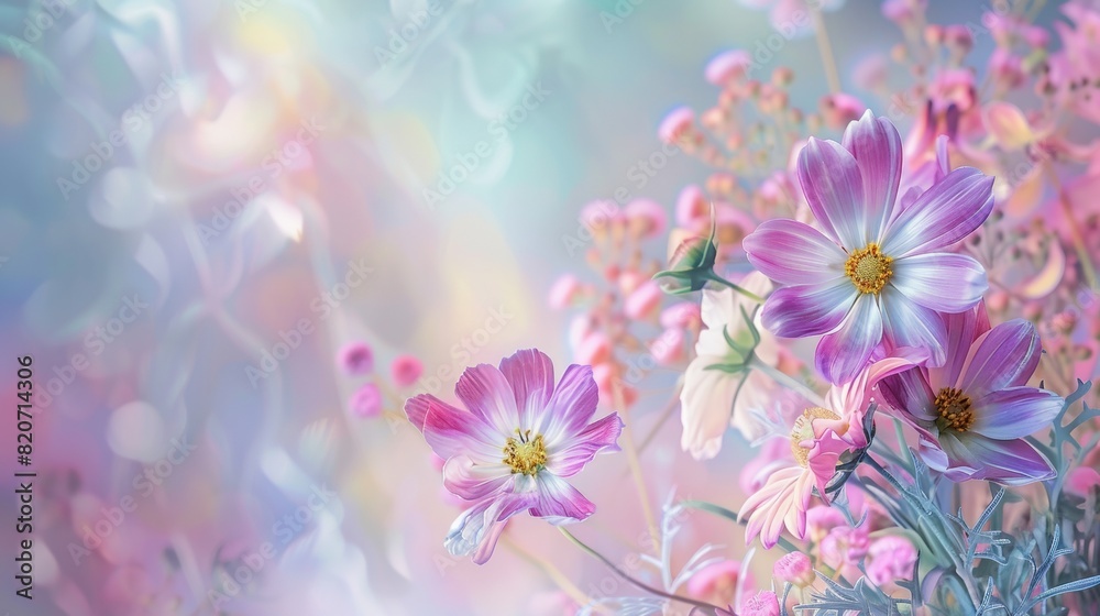 Obraz premium beautiful bright tender bouquet of flowers for birthday, soft pastel color background