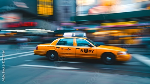 Yellow taxi speeding through busy city street. Urban life captured. Vibrant and dynamic scene. AI