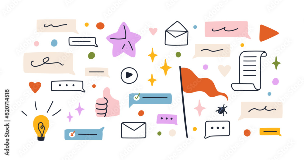 Doodle symbols set. Creative design elements, communication icons. Speech bubble, stars, hearts, lightbulb, flag, thumb-up, letter and envelope. Flat vector illustration isolated on white background Doodle symbols set. Creative design elements, communication icons. Speech bubble, stars, hearts, lightbulb, flag, thumb-up, letter and envelope. Flat vector illustration isolated on white background