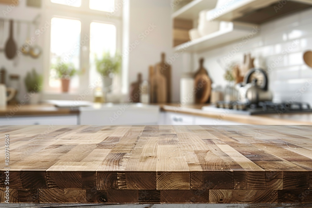 Empty beautiful wood table top counter and blur bokeh modern kitchen interior background in clean and bright,Banner, Ready for product montage - Generative ai