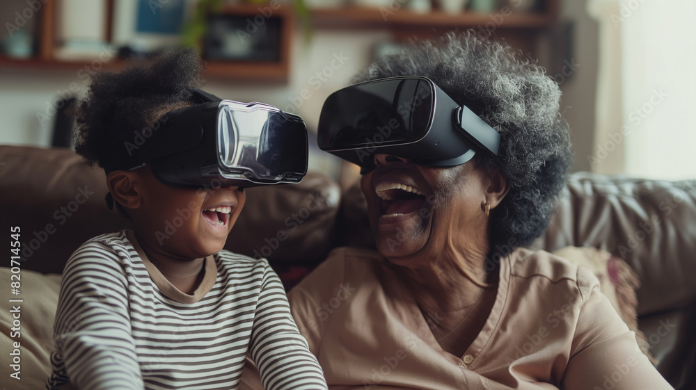 A young child and an older woman are sitting on a couch, wearing virtual reality headsets. The child is smiling and the woman is laughing, creating a joyful and playful atmosphere A young child and an older woman are sitting on a couch, wearing virtual reality headsets. The child is smiling and the woman is laughing, creating a joyful and playful atmosphere