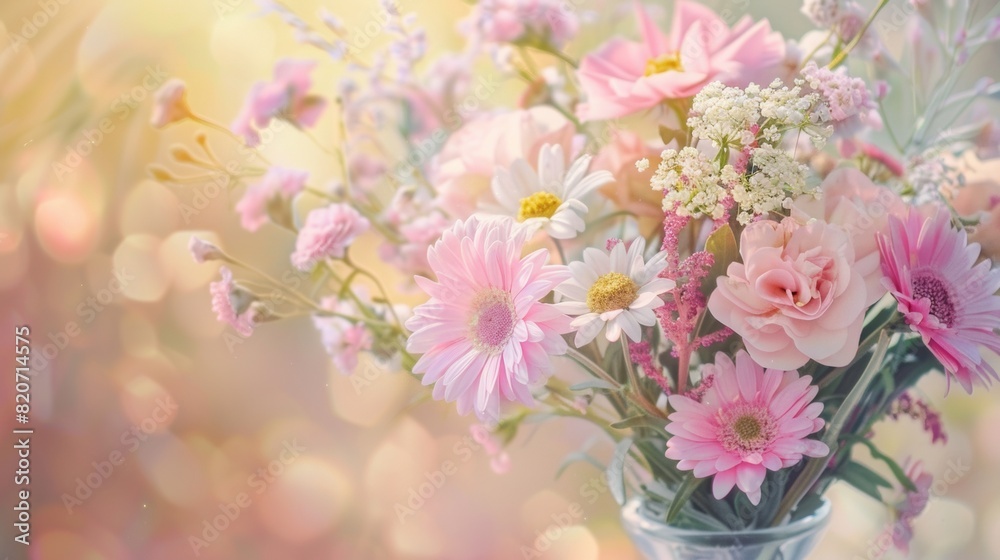 Fototapeta premium beautiful bright tender bouquet of flowers for birthday, soft pastel color background