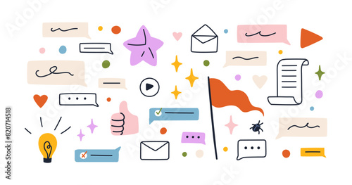 Doodle symbols set. Creative design elements, communication icons. Speech bubble, stars, hearts, lightbulb, flag, thumb-up, letter and envelope. Flat vector illustration isolated on white background