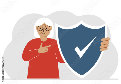 A man holds a shield in his hand, a symbol of insurance. Vector
