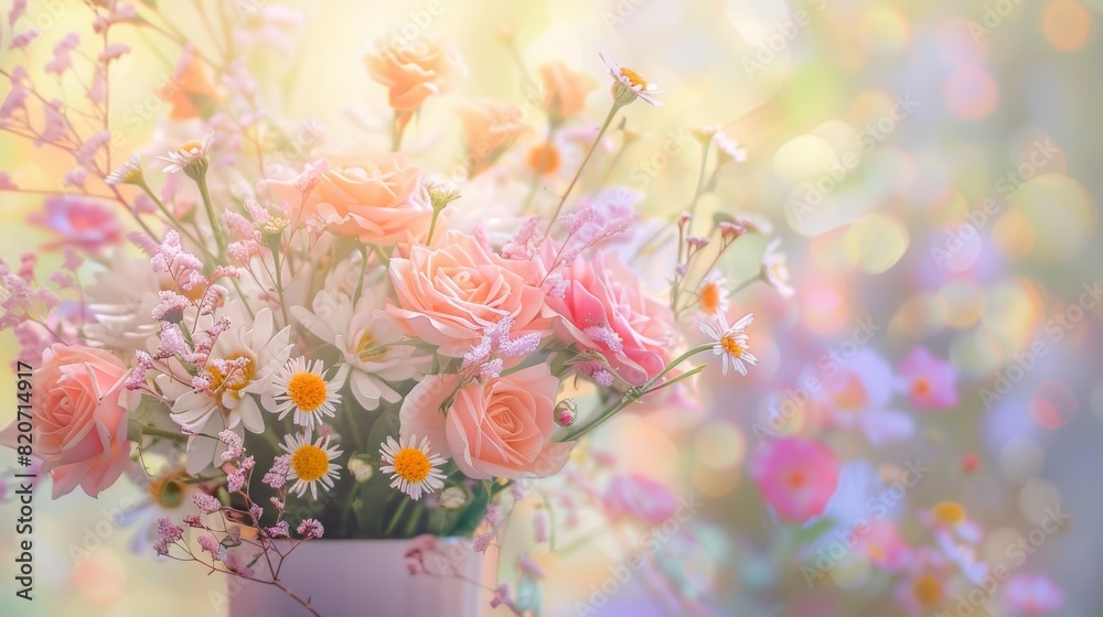 beautiful bright tender bouquet of flowers for birthday, soft pastel color background beautiful bright tender bouquet of flowers for birthday, soft pastel color background