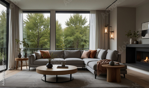 Cozy Modern Living Room in Stylish Apartment with Light Gray Sofa  Elegant Coffee Table  and Serene Landscape Art