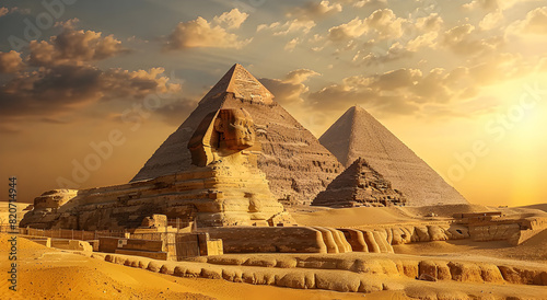 The Great Sphinx bythe Pyramids of Egypt and its companions in the sands of Giza desert, Egypt.