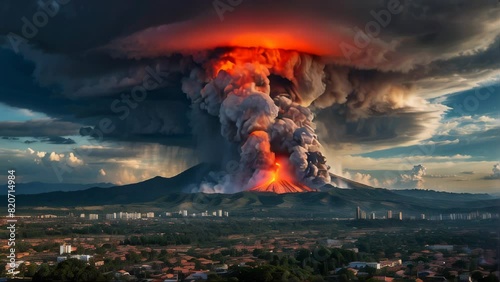 A volcano erupts, sending ash and debris into the sky. AI. photo