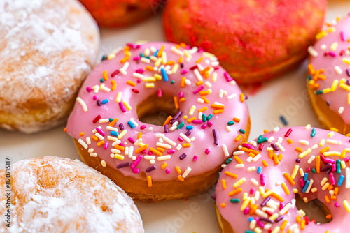 Close-up of a pink donut with glazing in a box. Various donuts in a box. 