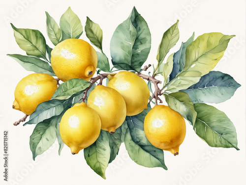 Watercolor Illustration of Fresh Yellow Lemons on Branch with Green Leaves