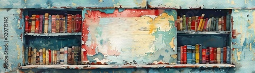 A weathered bookshop sign, paint peeling but attracting avid readers daily, urban street setting, colorful, watercolor