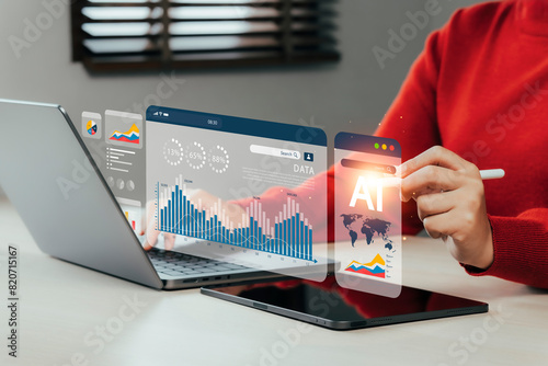 Business people using website or AI software technology analyze data and big data technology. business analysis and display images of complex data sets on a computer on the screen. artificial photo