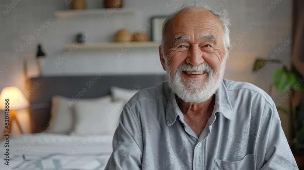 A grandfather making a video call with his family, smiling friendly face close up inside the house. A grandfather making a video call with his family, smiling friendly face close up inside the house.