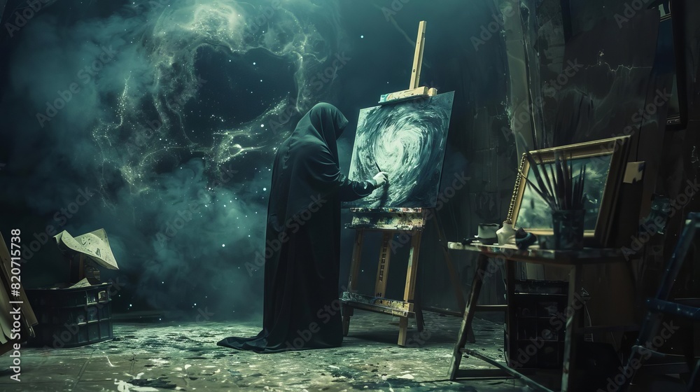 A dark figure in a black cloak is painting on a canvas in a dark, smoky ...