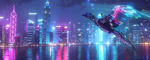 A cyborg bird flying over a city, crafted from electronic waste, neon skyline, digital art © Samon