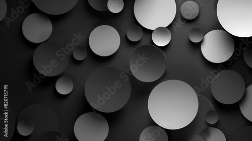 Technological background with holes, dark gray circle with a glow, Modern dark abstract texture, Abstract horizontal banner of circles of different sizes in shades of gray colors on black background 