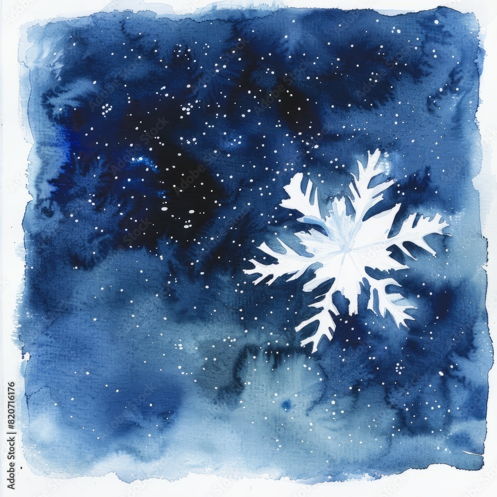 Watercolor painting of a delicate white snowflake falling against a backdrop of deep, midnight blue sky, on isolated white background, Generative AI Watercolor painting of a delicate white snowflake falling against a backdrop of deep, midnight blue sky, on isolated white background, Generative AI