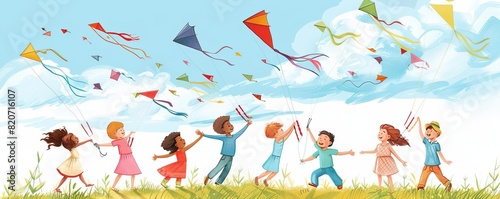 A group of diverse children flying kites in a wideopen field, joyous, colorful illustration photo