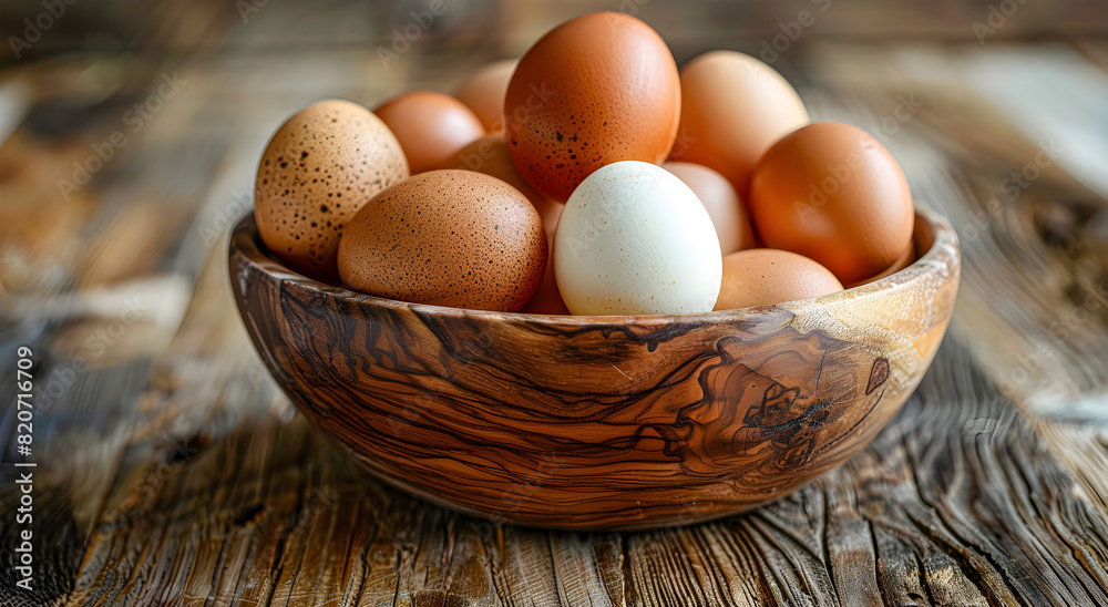 Chicken eggs in various shades of brown and beige in a wooden bowl.