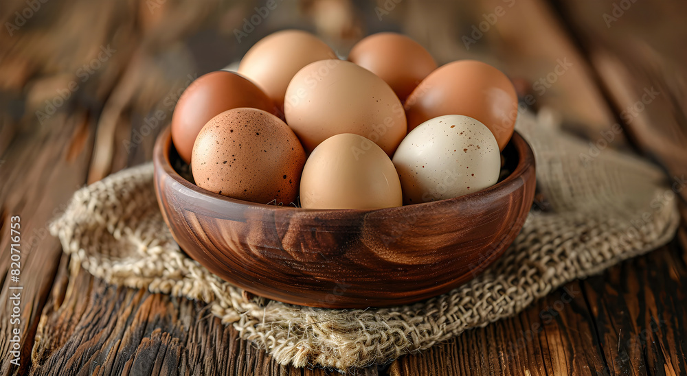 Chicken eggs in various shades of brown and beige in a wooden bowl.
