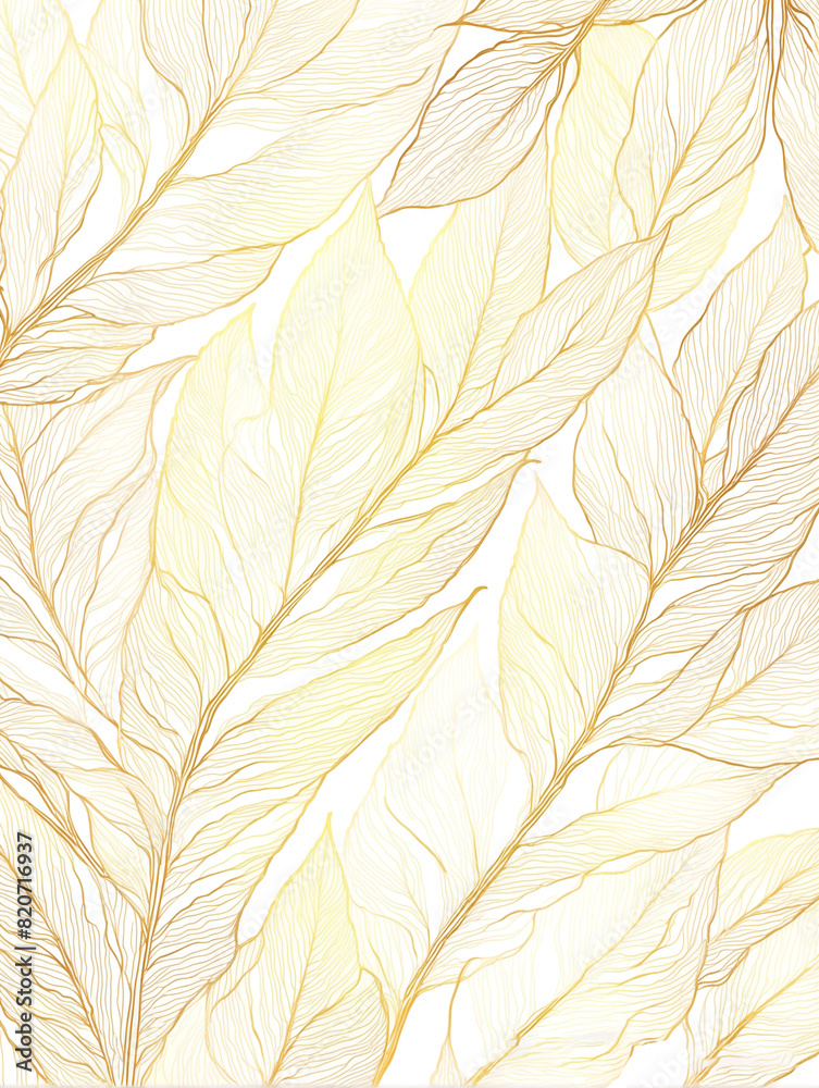 Pattern of Stylized Golden Leaves on White Background, Refined Decorative Design Pattern of Stylized Golden Leaves on White Background, Refined Decorative Design