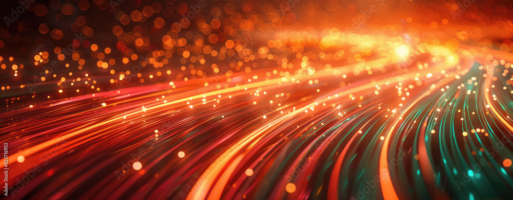 Dynamic abstract design with bright red and orange light streaks intertwined with green fiber optic glow