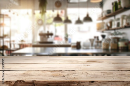 Empty beautiful wood table top counter and blur bokeh modern kitchen interior background in clean and bright Banner  Ready for product montage - Generative ai