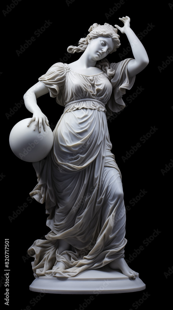 Beautiful female woman with ball in her hands white marble statue figure isolated on black background. Decorative sculpture concept.
