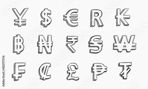 Doodle style coin with currency symbol set including euro, dollar, yen, pound, cent, ruble, won, yuan, shekel, and franc