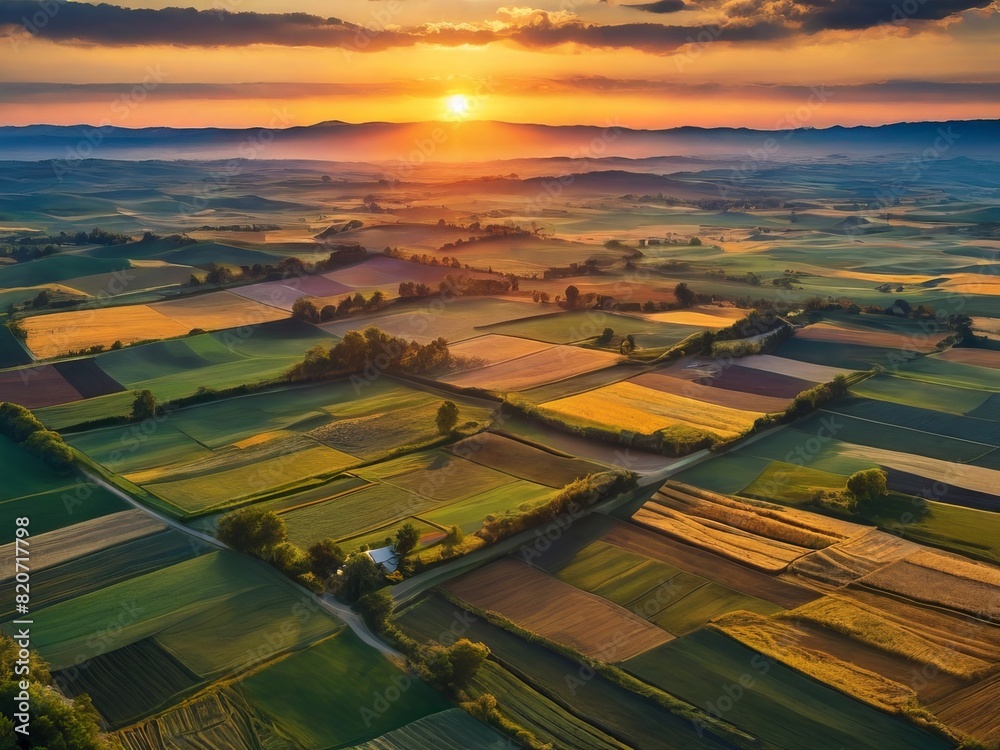 Fototapeta premium A picturesque scene unfolds as the sun sets, casting a warm glow on the patchwork of farmlands from above.