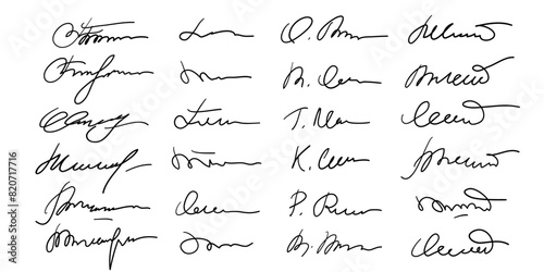 Set of different fake autographs and signatures, mimicking authenticity for certificates, letters or documents, featuring handcrafted doodles and scribbles, vector illustration photo