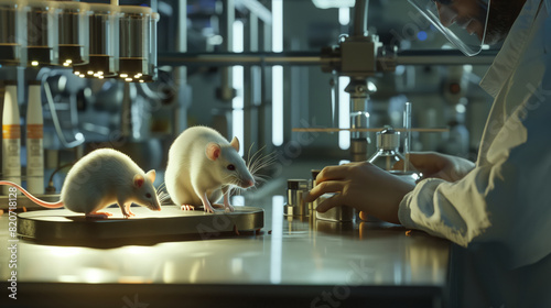 A chemist in a lab coat conducts a scientific experiment on white rats. A man works with two white mice in a laboratory